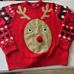 Sz L Festive Red Reindeer Sweater Christmas holiday googly eyes unisex used